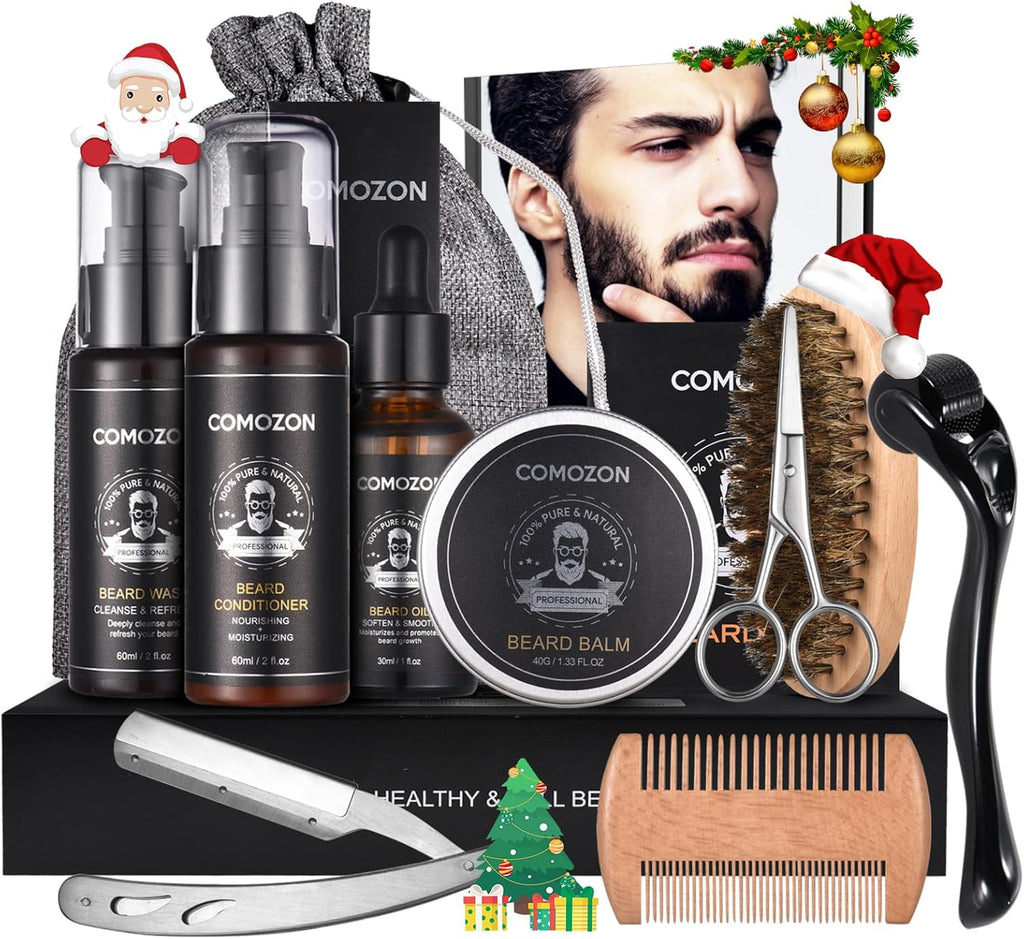 Kit Barbe Homme Complet 12 En 1, Kit De Soin Barbe Homme Avec Rouleau Barbe Contenir Huile Barbe, Shampoing Barbe,Crèmes De Barbe, Peigne Barbe,Ciseaux Barbe,Brosse À Barbe, Rasoir, 10 Lames Barbe