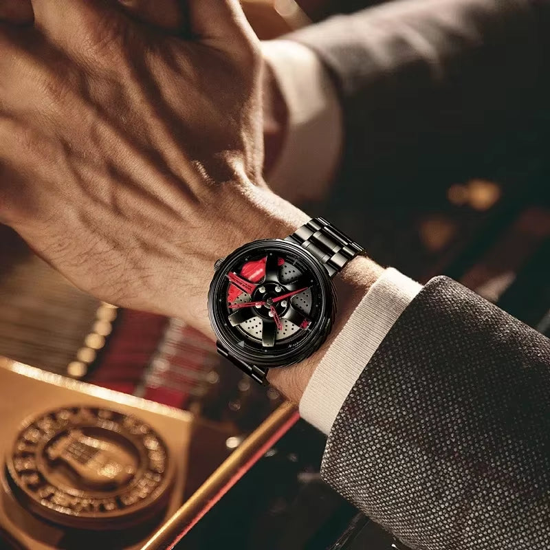 Cool Stainless Steel Men's Sport Car Rim Quartz Luxury Watch