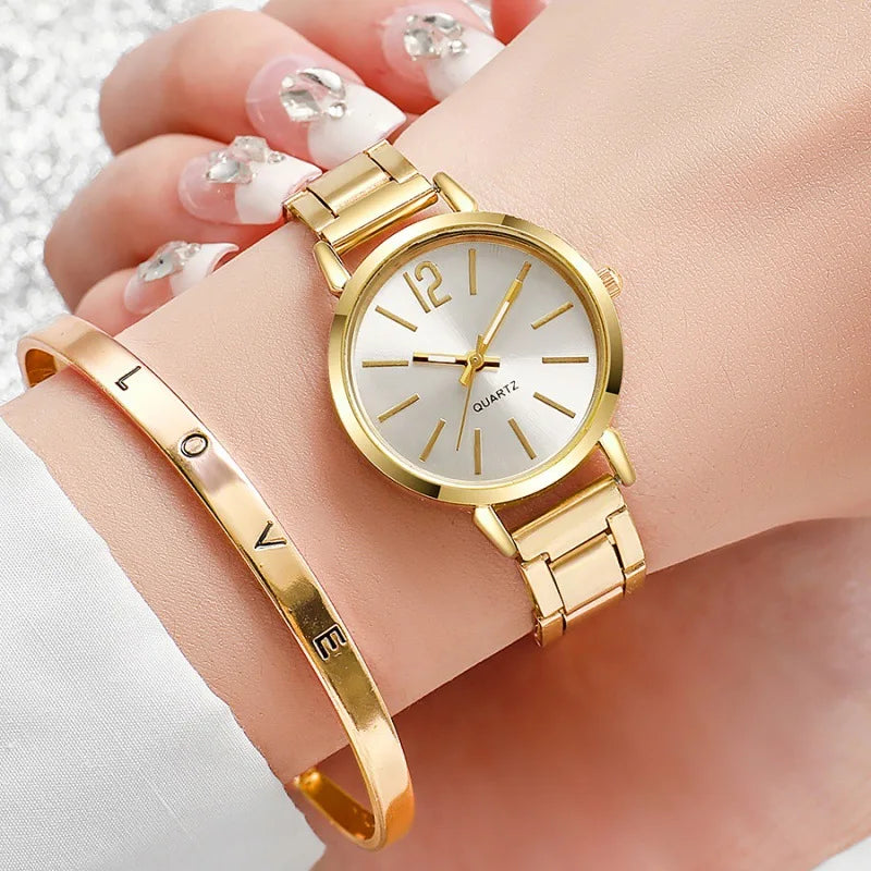 2Pcs/Set Fashion Women Watches Small Dial Quartz Watch Luxury Ladies Wristwatch Bracelets Set Reloj Mujer